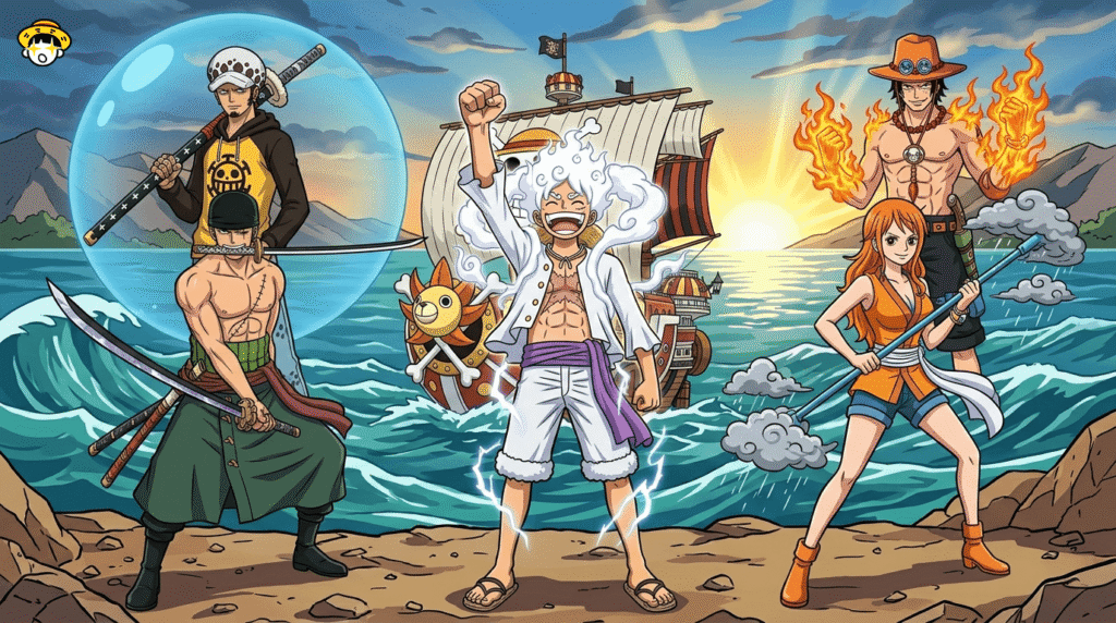 Colorful characters from One Piece series.