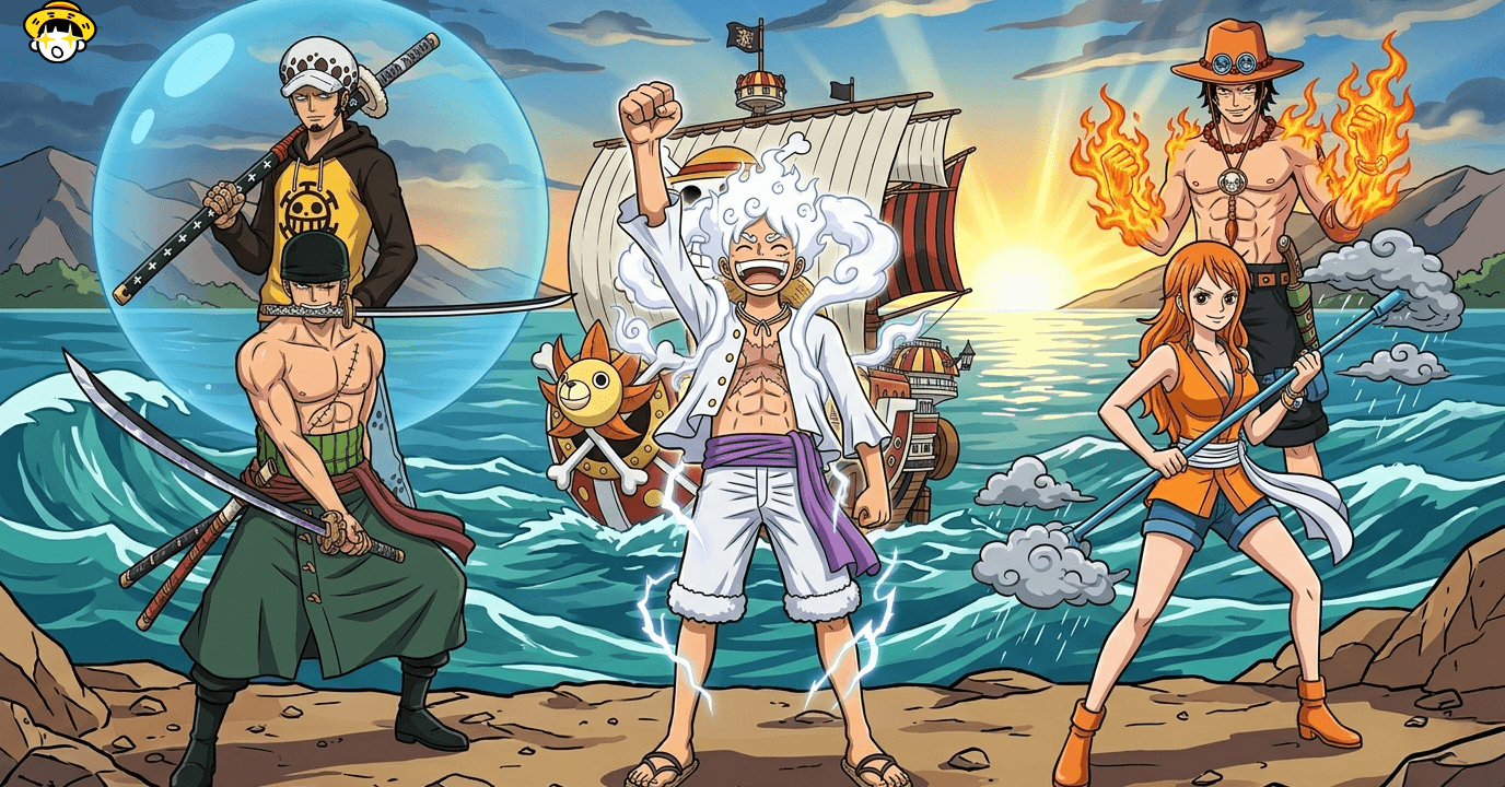 Colorful characters from One Piece series.