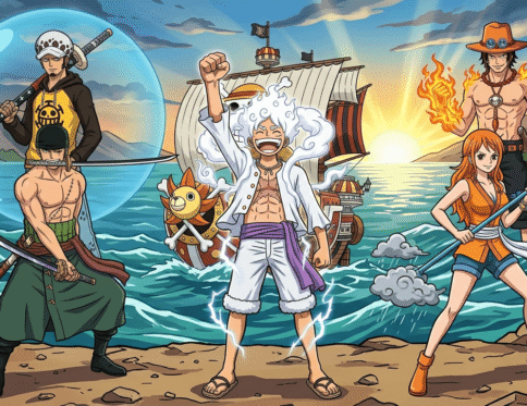 Colorful characters from One Piece series.